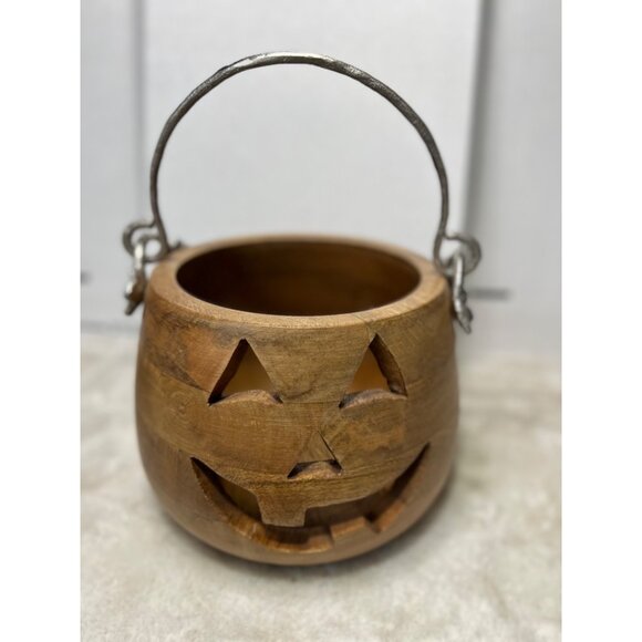 Martha Stewart Wooden Jack-O-Lantern With Silver Handle - Decorative Pumpkin Lan - Picture 1 of 8